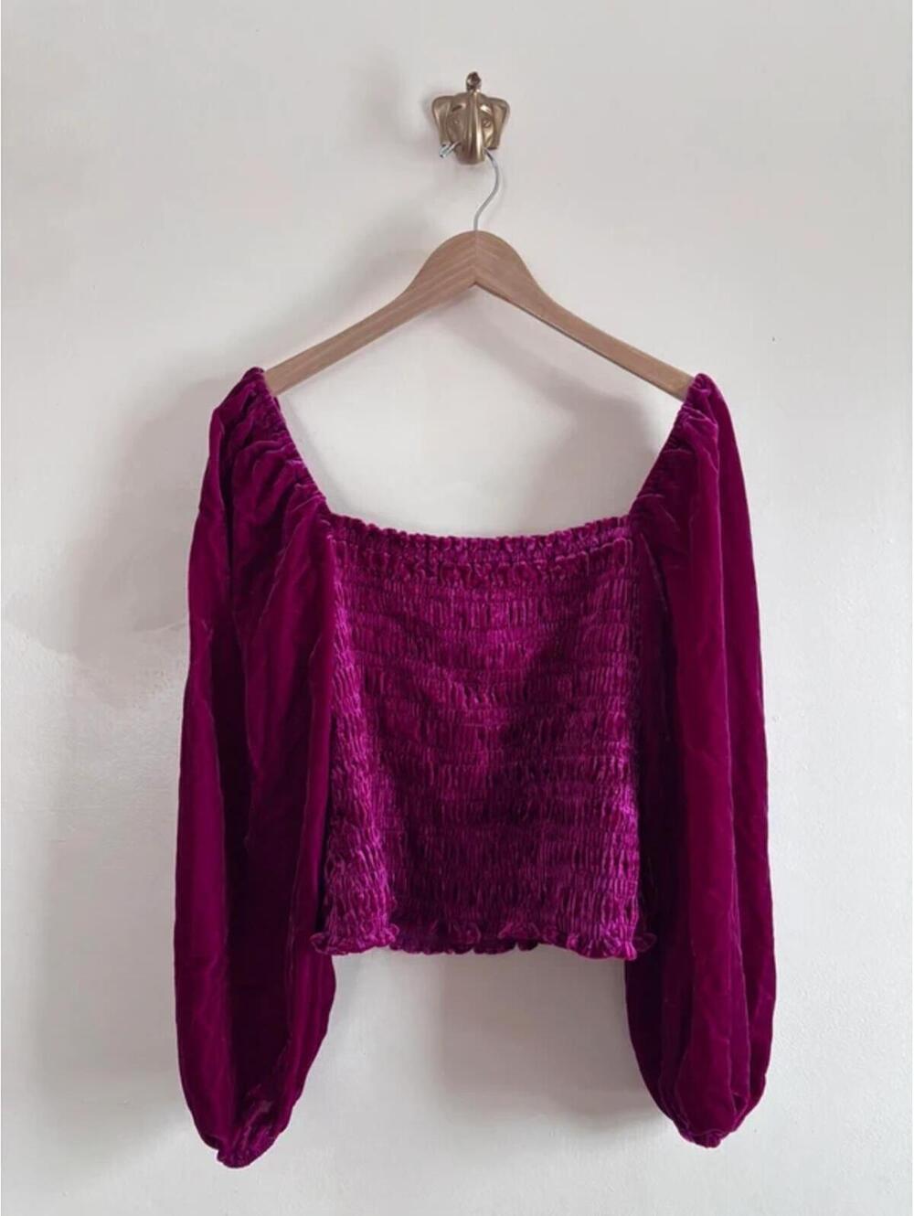 Anthropologie Fuschia Crushed Velvet Smocked Top size XL